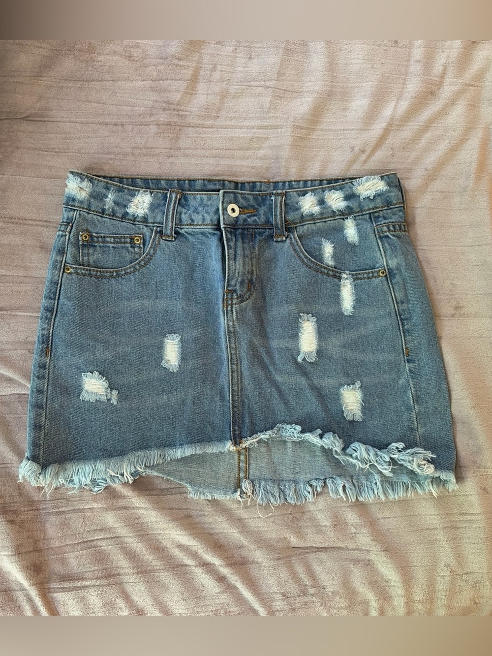 Forever 21 Light Blue Distressed Frayed Scoop Hem Denim Jean Skirt Sz S